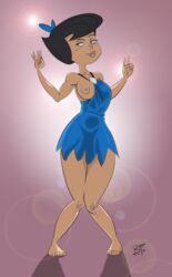 absurdres areolae barefoot betty_rubble black_hair blackfoxx breasts feet female full_body gesture hairbow hanna-barbera highres human lens_flare lipstick medium_breasts nipple nipples one_breast_out pigeon-toed pink_lipstick pose short_hair signature smile solo standing the_flintstones toes v