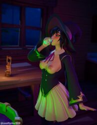 3d black_hair breasts breasts_out drinking female fortnite fortnite:_battle_royale green_eyes growth_sequence helsie_(fortnite) helsie_midnight_(fortnite) lewdspider lewdspider1610 long_hair nipples ponytail potion sequence small_breasts witch witch_costume witch_hat