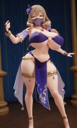 3d ai_generated big_ass big_breasts brown_hair busty dancer dancer_outfit green_eyes lisa_(genshin_impact) milf