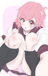 1girls arisugawa_school_uniform ass blush d4dj female female_only flower_in_hair inaba_seijin knees_up looking_at_viewer panties pink_eyes pink_hair sakurada_miyu school_uniform schoolgirl selfie short_hair sitting solo stained_panties thighs upskirt wet