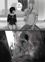 1boy 1boy1girl 1girl1boy 1girls ambiguous_penetration black_and_white bleach hair hair_over_eyes hugging hugging_another ichigo_kurosaki instant_loss instant_loss_2koma invertoalbedo kiss kissing kissing_while_penetrated kuchiki_rukia monochrome naked naked_female naked_male passionate reverse_suspended_congress short_hair shorts shortstack skinny small_breasts sweat sweatdrop sweating sweaty