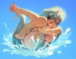 2024 4_toes accessory afro_puffs anthro barbell_piercing blue_background blue_body blue_fur blue_hair braided_hair breasts brown_body brown_fur claws closed_eyes curly_hair dated digital_media_(artwork) ear_piercing facial_piercing feet female folded fur hair_accessory hi_res holding_both_legs mammal multicolored_body multicolored_fur mustelid nipple_barbell nipple_piercing nipples nose_piercing nose_ring nude nude_female open_mouth open_smile otter piercing raised_foot ring_piercing simple_background smile solo splash tail thick_thighs toe_claws toes ulitochka wet