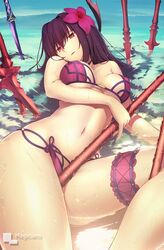 1girls beach breasts cleavage fate/grand_order fate_(series) female female_only light-skinned_female light_skin looking_at_viewer red_eyes scathach_(fate) scathach_(swimsuit_assassin) solo spear swimsuit thighs