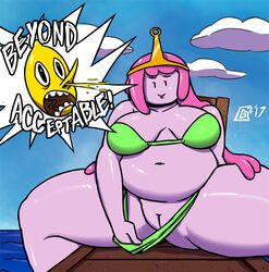 ! adventure_time belly big_belly big_breasts bikini blood breasts cartoon_network clothed clothing digital_media_(artwork) dizzy_demon earl_lemongrab english_text female hair humanoid humor male navel nosebleed open_mouth overweight partially_clothed pink_skin pinup pose presenting princess_bubblegum pussy smile spreading swimsuit text