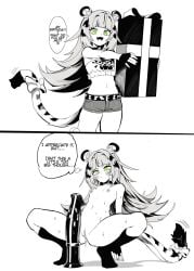 1girls 2koma :3 big_dildo birthday_present black_and_white blunt_bangs blush blushing blushing_female breasts choker cute_fang dildo english_text female female_focus female_only green_eyes hi_res horse_dildo horsecock hotpants hoyoverse imminent_masturbation imminent_penetration ju_fufu kunitoro kunitoro_(artist) light-skinned_female light_skin nipples nude nude_female petite petite_body petite_female pussy pussy_juice pussy_juice_drip short_shorts shorts simple_background small_breasts socks speech_bubble squatting squatting_cowgirl_position squatting_on_dildo squatting_position tagme thought_bubble tiger tiger_ears tiger_girl tiger_tail white_background zenless_zone_zero