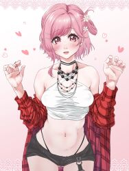 1girls ass belly_button blush breasts choker clothed d4dj female female_only flower flower_in_hair hairclip inaba_seijin jewelry looking_at_viewer medium_breasts micro_shorts necklace nipple_bulge outfit_swap panties pink_eyes pink_hair plaid sakurada_miyu small_breasts solo squishy thick_thighs thighs tummy