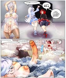 1girls 3futas bulge comic dinotits futanari hot_spring huge_ass huge_penis light-skinned_female light-skinned_futanari nightgown ruby_rose rwby see-through_clothing tagme weiss_schnee willow_schnee willowposting winter_schnee