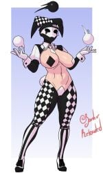 1girls 2026 alternate_color alternate_version_available artist_signature ball_(object) big_breasts black_and_white_clothing borderreloaded cameltoe checkered_clothes cotton_tail exposed_torso female full_body hands_up harlequin hi_res jester jester_hat juggling masked masked_female navel pasties performer pestrica_r simple_background solo thick_thighs twitter