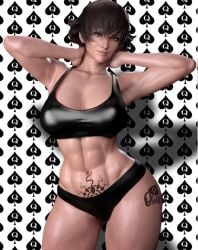 brown_hair capcom child_bearing_hips d female female_only fiorayne hagiwara_studio hourglass_figure monster_hunter monster_hunter_rise muscular muscular_female purple_eyes queen_of_spades queen_of_spades_symbol queen_of_spades_tattoo short_hair solo sports_bra tagme tattoo tomboy toned toned_female venus_body wide_hips