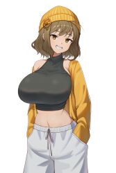 big_breasts ajidot goddess_of_victory:_nikke anis_(nikke) absurdres highres 1girl ahoge alternate_color bare_shoulders beanie black_shirt breasts brown_hair cowboy_shot crop_top drawstring grin hair_ornament hairclip hands_in_pockets hat huge_breasts jacket long_sleeves looking_at_viewer midriff navel off_shoulder open_clothes open_jacket pants shirt short_hair simple_background sleeveless sleeveless_shirt smile solo stomach track_pants white_background white_pants yellow_eyes yellow_hat yellow_jacket
