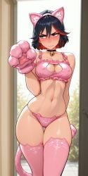 1girls ai_generated annoyed arm_up bell_collar bikini black_hair blue_eyes blush cat_cutout cat_ears cat_lingerie cat_stockings cat_tail choker cleavage_cutout closed_mouth clothing_cutout colored_inner_hair covered_nipples doorway embarrassed fake_animal_ears fake_tail female frills greeting halter_bikini hard_nipples hips humiliated in_doorway kill_la_kill looking_away matoi_ryuuko medium_breasts midriff molamaxuy multicolored_hair navel outdoors paw paw_gloves perfect_body pink_clothing red_hair revealing_clothes sexy skinny solo stockings streaked_hair thigh_gap thin_waist thong