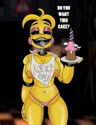animatronic anthro beakless bib big_ass big_breasts big_butt bird bird_girl black_eyes breasts chicken female female_only five_nights_at_freddy's five_nights_at_freddy's_2 fnaf front_view galliform genitals looking_at_viewer machine nipples orange_nipples robot scottgames smile solo talking_to_viewer toy_chica_(fnaf) wide_hipped_female wide_hips yellow_body