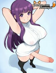 1futa 2026 ai_generated armpits artist_name bangs blunt_bangs breasts bust chest cock covered_nipples dick erection erection_under_clothes fern_(sousou_no_frieren) foreskin foxenpai futanari gradient gradient_background hi_res high_quality high_resolution highres huge_cock large_penis large_testicles long_hair newhalf patreon patreon_username penis phimosis precum purple_eyes purple_hair see-through sleeveless smile solo sousou_no_frieren stable_diffusion testicles thighhighs uncensored watermark