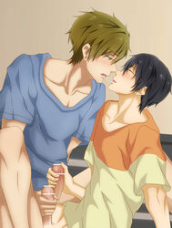 2boys black_hair brown_hair censored closed_eyes collarbone erection free! green_eyes handjob katze_(776642) male_only multiple_boys mutual_handjob nanase_haruka_(free!) penis penis_grab room saliva_trail shirt short_hair tachibana_makoto yaoi