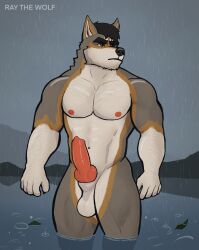 2025 4:5 5_fingers abs animal_genitalia anthro arm_hair bara barazoku big_penis black_hair body_hair brown_eyes canid canine canine_genitalia canine_penis canis chest_hair claws colored digital_drawing_(artwork) digital_media_(artwork) erection eyebrows facial_hair finger_claws fingers fur genitals grey_body grey_fur hair hairy_legs head_tuft hi_res knot lake leaf looking_aside male male/male mammal mountain muscular muscular_male neck_tuft nipples nude nude_anthro nude_male orange_body orange_fur outside partially_submerged pecs penis pinup pointy_ears pose prick_ears pubes raining ray_(ray_the_wolf) ray_the_wolf shaded sheath solo standing thick_eyebrows tuft water watermark wet wet_body wet_fur white_body white_fur wolf