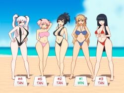 5girls annoyed anoneysnufftan asuka_(senran_kagura) beach bikini black_hair blonde_hair blue_eyes blurry_background blush_stickers competition contest defeated_heroine eyepatch female female_only green_eyes hibari_(senran_kagura) ikaruga_(senran_kagura) katsuragi_(senran_kagura) lineup long_hair loser ocean peril pink_hair ranking sand seaside senran_kagura short_hair sinfulline sky standing summer swimsuit twintails victory water white_hair winner yagyuu_(senran_kagura)