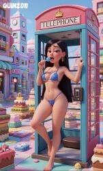 1girls 3d ai ai_art ai_generated artist_logo artist_name belly_button bikini bikini_bottom bikini_top black_eyebrows black_hair blue_bikini blue_bikini_bottom blue_bikini_top blue_lollipop bluesky_link breasts brown_eyes cakes candies earrings eyelashes feet female female_focus female_only golden_earrings half-closed_eyes lollipop long_hair looking_at_viewer medium_breasts navel oc open_mouth original original_character phone_booth quinzo11 self_upload standing standing_female syra_syrup_(quinzo) telephone upper_teeth