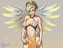 1girls bikini blonde_hair blue_eyes breasts cleavage curvy female female_only halo large_breasts loincloth mercy minacream nipple_bulge overwatch panties sketch solo swiss_flag wings