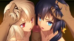 1boy 2girls black_hair blonde_hair blue_eyes blush censored collaborative_fellatio collarbone double_fellatio fellatio game_cg hair_grab hair_over_shoulder indoors long_hair low_ponytail mosaic_censoring multiple_fellatio multiple_girls oral out_of_frame penis red_eyes sengoku_hime_6 straight teamwork tongue tongue_out uesugi_kenshin_(sengoku_hime) yangsion