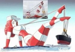 adorablebastard boat crane_(machine) duplicate feet female_only giantess hat large_breasts living_machine living_object long_hair red_hair reference_image stripes water