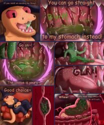 5:6 absurd_res alledine_(flightlesslizard) amphibian anthro bodily_fluids bone breasts brown_eyes cleavage clothed clothing comic duo english_text extreme_size_difference female female_pred flightlesslizard gecko green_body guts hi_res in_mouth internal intestines liver lizard magic_user male male/female male_prey monitor_(flightlesslizard) mouth_shot newt open_mouth orange_body organs pancreas portal red_eyes reptile sadism salamander scalie size_difference stomach stomach_acid swallowing tail_drop teasing text vore witch