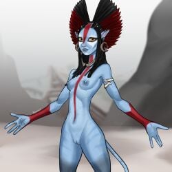 1:1 absurd_res alien avatar avatar:_fire_and_ash blue_body blue_skin eyeshadow female genitals hexecat hi_res humanoid james_cameron's_avatar makeup na'vi nipples nude outside piercing tail tattoo tribal varang varang_(avatar) vulva