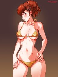 1girls artist_name bare_arms bare_shoulders bikini blush breasts brown_background cleavage collarbone cowboy_shot dated gluteal_fold gold_bikini gradient_background hair_ornament hairclip highres kotone_shiomi large_breasts mina_cream minacream navel parted_lips persona persona_3 persona_3_portable ponytail red_eyes red_hair short_hair smile solo sweat swimsuit x_hair_ornament yellow_bikini