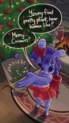 1girls :d absurd_res absurdres alien alien_girl alien_humanoid antennae antennae_(anatomy) ass bad_grammar bangs bare_shoulders barefoot big_breasts big_eyes big_thighs black_eyes black_sclera blue_body blue_hair blue_skin bow bows breasts cel_shading christmas christmas_outfit christmas_tree clothed curvaceous curvy cute cute_face dialogue docked_antennae elf_ears female female_only fire fireplace freckles freckles_on_breasts freckles_on_face freckles_on_shoulders hair highres hips huge_breasts lavender_body looking_at_viewer looking_up medium_hair mistletoe no_nose nochturnal oc original original_character presenting presents purple_hair ribbon shiny_eyes short_hair short_stack shortstack smaller_female solo solo_female speech_bubble stocking text thick_thighs wide_hips yzony_(nochturnal)