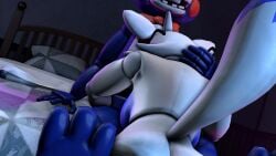 1boy 1girls 3d 3d_(artwork) animatronic animatronic_female ass_focus bedroom bent_over blowjob blue_skin bowtie crooked_glasses ear erect_nipples female_fox five_nights_at_freddy's five_nights_at_freddy's_4 fnaf4_house fnaf_oc fox_tail glasses hair hand_on_head headphones highres legs_spread male_moaning mangle_(fnaf) muzzle nose oc offscreen_blowjob on_knees oral_sex pink_cheeks pink_eyes pink_lips pink_nipples red_bowtie red_cheeks rose_(flower) sfm shiny_skin short_hair sideboob source_filmmaker straight tail teasing toy_bonnie_(fnaf) white_and_blue white_body white_fur youtuber