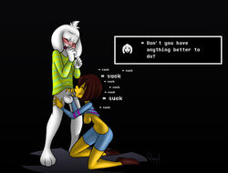 1boy 1girls 2016 anthro asriel_dreemurr big_breasts blush bottomless breasts closed_eyes dialogue erection fellatio female female_human frisk fur goat human interspecies male male_anthro mammal nipples nsfwquynzel nude nudity oral penis sex sideboob straight undertale white_fur