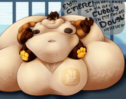 anthro areola ass balls belly big_areola big_balls big_butt big_nipples blinds bovid brown_body brown_fur canid canine caprine cellulite closed_eyes dialogue double_chin duo front_view fujiyama_samoyed fur genitals goat hair hair_bun hi_res huge_balls huge_butt huge_thighs hyper hyper_balls hyper_butt hyper_genitalia immobile inviting legs_up libra_(fujiyamasamoyed) male mammal moobs morbidly_obese navel nipples nude obese obese_anthro obese_male office overweight overweight_anthro overweight_male pawpads ponytail raccoon_dog raised_arm saudade_(saudadegoat) shaded simple_background smile smiling_at_viewer soft_shading sumo talking_to_viewer tanuki text thick_thighs watermark wide_hips