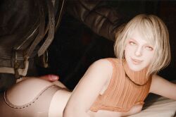 resident_evil resident_evil_4 resident_evil_4_remake ashley_graham ashley_graham_(ella_freya) 1girls 1 1boy 1girl 1boy1girl buttjob hot_dogging eye_contact excited_female sex lifted_shirt leggings exposed_ass short_hair clothed_male hand_on_head no_visible_genitalia female penis penis_out