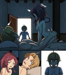 1boy 2girls aisha_greyrat angry angry_expression angry_face bangs blonde_hair brother caught caught_in_the_act consensual_incest cowgirl_position fully_nude green_eyes grey_eyes hands_on_ass incest inferniox long_hair medium_breasts muscular_male mushoku_tensei mushoku_tensei:_isekai_ittara_honki_dasu norn_greyrat older_brother older_male older_male_and_younger_female red_hair riding riding_penis rudeus_greyrat short_hair sister teenage_female teenage_girl teenage_male teenager teenager_on_teenager teenager_on_young younger_female younger_sister