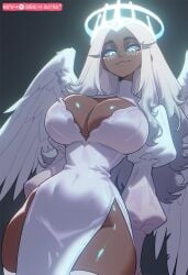 2d 2d_(artwork) angle beautiful black_background blue_eyes bread_and_butter cleavage curvy curvy_female curvy_hips dark-skinned_female digital_drawing_(artwork) digital_media_(artwork) dress halo hazbin_hotel high_resolution highres legwear light long_hair long_sleeves looking_at_viewer low-angle_view mature mature_female mature_woman milf patreon patreon_username revealing_clothes sera_(hazbin_hotel) sexy_body sexy_female smile smiling_at_viewer sole_female solo solo_female solo_focus very_long_hair white_dress white_hair wings