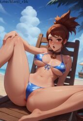 1girls ai_generated anus ass back barefoot beach bell bikini blush breasts brown cloud cloudy collar day dota eyes female female_only fence from hand holding large leaning leg legs looking_at_viewer marci marci_(dota) mouth navel on open outdoors own peek ponytail sitting sky solo solo_female spread swimsuit thigh up