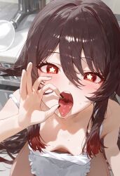 ai_generated bangs bare_shoulders black_hair blush breasts brown_hair eyebrows_visible_through_hair female genshin_impact hair_between_eyes heart hu_tao_(genshin_impact) indoors long_hair looking_at_viewer meyro open_mouth oral_invitation red_eyes saliva solo sweat tongue tongue_out uvula