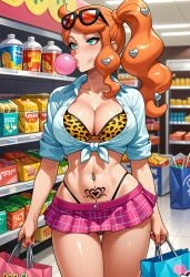 1girls ai_generated belly_button belly_button_piercing bimbo blowing_bubblegum bra bra_pads bubble_gum cheetah_print cheetah_print_bra chewing_gum civitai female female_focus female_only gal ginger ginger_female ginger_hair glasses glasses_on_head goofy_ai grocery_store gyaru gyaru_gal gym_leader looking_away miniskirt panties panties_under_skirt pleated_skirt pokemon pokemon_trainer ponytail pubic_tattoo red_hair shopping shopping_bag side_ponytail solo solo_female sonia_(pokemon) sunglasses sunglasses_on_head thigh_gap thong_straps