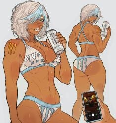 1girls abs athletic_female dat_ass girl_who_is_obsessed_with monster_energy monster_energy_drink multicolored_hair muscular muscular_back muscular_female phone tagme yoracrab