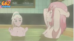 2girls animated armpits arms_behind_head bare_shoulders bath blonde_hair blue_eyes blush breasts closed_eyes female female_only gnz ino_yamanaka large_breasts long_hair medium_breasts multiple_girls naruto naruto_shippuden pink_hair ponytail sakura_haruno shiny_skin short_hair tied_hair