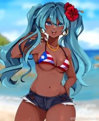 afrolatina asian_latina beach bead_necklace beads bikini bikini_top blue_eyes blue_hair dark-skinned_female denim denim_shorts earrings flag_bikini flag_print flower flower_in_hair hatsune_miku hoop_earrings latin_american_hatsune_miku_(meme) medium_breasts navel necklace painted_nails pichupanda puerto_rican puerto_rican_flag puerto_rican_miku short_shorts shorts skindentation tattoo torn_clothes twintails vocaloid