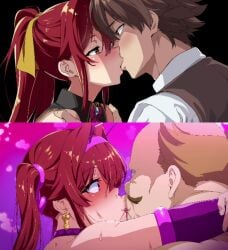 1girls 2boys 2d arika_(bakunyuu_party) arms_around_neck bakunyuu_party bald before_and_after blush boyfriend-girlfriend cheating cheating_female cheating_girlfriend collar corruption female happy kissing lips lord_bonner_(bakunyuu_party) moustache netorare ntr older_male red_hair ribbon saliva short_hair simple_background slut slutty_outfit sweat takeda_hiromitsu tongue tongue_kiss tongue_out twintails younger_female