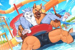 2boys alternate_version_available anthro canyne_khai erection_under_clothes exhibitionism gay male_only muscular_male sitting_on_lap size_difference tagme