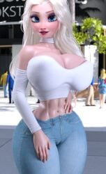 1girls 3d 3d_(artwork) abs ass ass_bigger_than_head bimbo blue_eyes breasts_bigger_than_head choker crop_top ear_piercing ear_ring earrings elsa_(frozen) eyeshadow female_focus frozen_(film) frozen_2 hi_res highres huge_ass huge_breasts jeans large_ass large_breasts looking_at_viewer nipple_bulge red_lipstick ruidx thick thick_ass thick_lips thick_thighs white_hair white_shirt