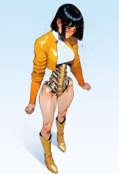 ai_generated android android_girl black_hair blush boots clenched_fists cropped_jacket female flying_sweatdrops gold_(metal) golden_boots leather_jacket mechanical_spine medium_hair miaashleycd nose_blush solo tagme thighs white_shirt