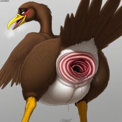 after_sex ai_generated avian bent_over bird blush cloaca cloaca_juice darkeffect detailed_genitals feathers female_only feral furry gaping gaping_cloaca girls looking_at_viewer looking_back presenting_hindquarters rear_view rnzoophilia skinny_legs sweat tail_feathers two_tone_fur wings