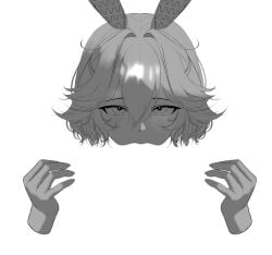 2girls absurdres animal_ears blending blush commentary cottontail_(vtuber) cunnilingus english_commentary female_pov greyscale highres indie_virtual_youtuber lierig looking_at_viewer meme monochrome multiple_girls negative_space negative_space_cunnilingus_(meme) oral pov rabbit_ears sfw_illustration_(meme) yuri