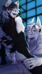 anal anthro boy_on_boy boy_on_top canine canine corvidium cum furry gay long_hair original_character piercing piercings scars scars_all_over wolf yaoi yiff