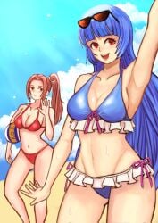 2girls abs beach beach_ball big_breasts bikini blue_bikini blue_hair brown_eyes brown_hair clouds female frozen glasses hair_ornament happy king_of_fighters kula_diamond light_blue_hair long_hair mai_shiranui red_bikini red_eyes sand sea seaside sunglasses_on_head sweat voluptuous