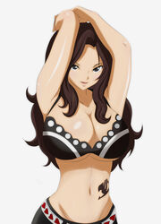 1girls armpits black_eyes blush bra breasts brown_hair cana_alberona fairy_tail female female_only juudai large_breasts long_hair looking_at_viewer open_mouth pointy_chin shiny_skin solo stomach tattoo upper_body white_background