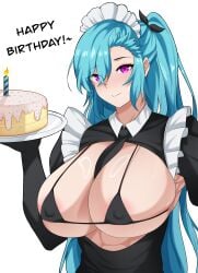 1girls abirdeer abs akeno_(itsnafulol) between_breasts bikini bikini_top birthday birthday_cake blue_hair blush breasts cake elbow_gloves food gloves hair_between_eyes hair_over_one_eye hair_ribbon huge_breasts looking_at_viewer maid maid_bikini maid_headdress muscular muscular_female necktie nipples plate purple_eyes ribbon smile twintails